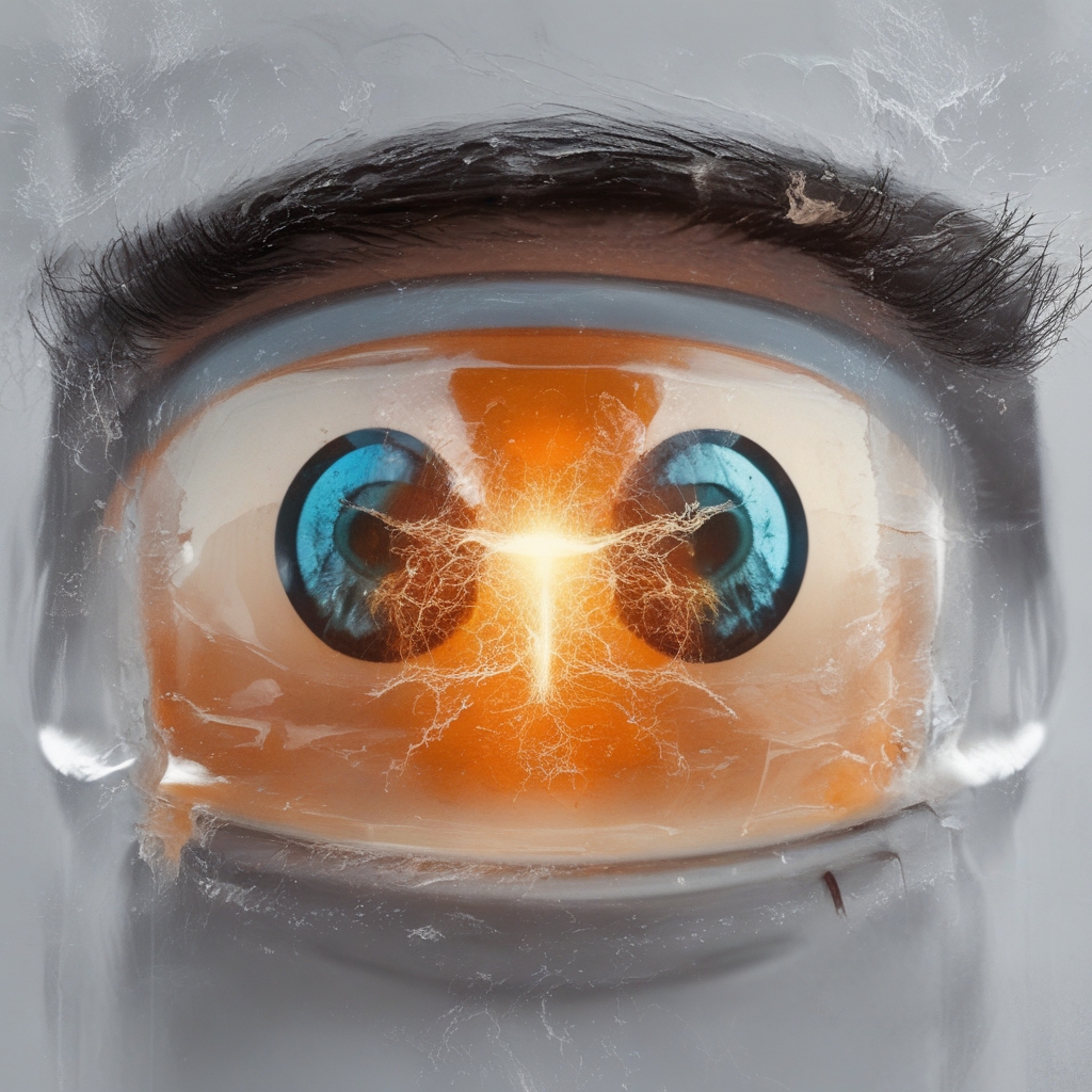 Ilustrasi skematis lensa mata manusia yang memperlihatkan mekanisme akomodasi fokus, dengan cahaya biru dingin dan latar belakang abu-abu halus, tanpa elemen medis
