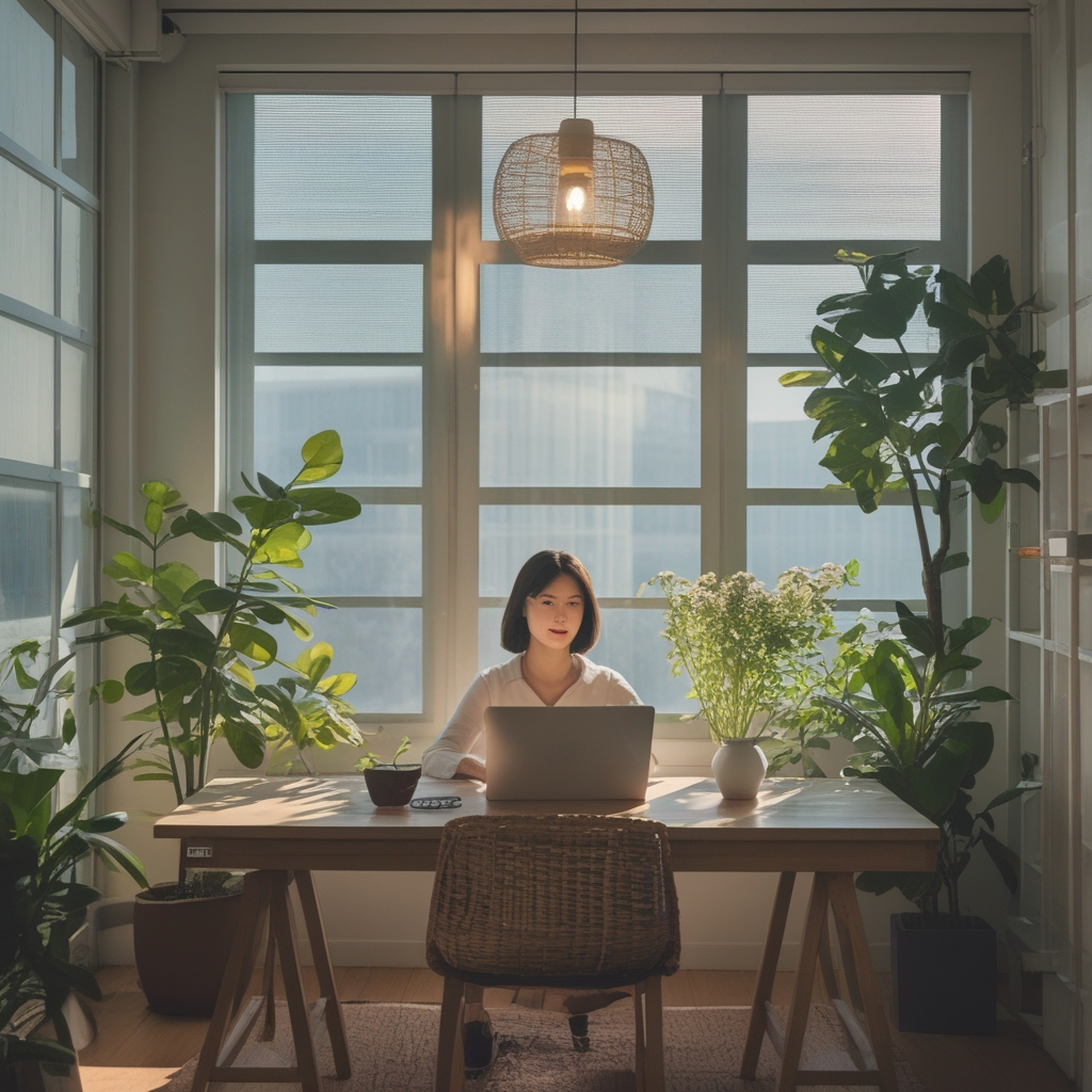Ruang kerja modern yang tertata rapi dengan pencahayaan ambient yang lembut dari jendela setengah terbuka, meja bersih dengan laptop, tanaman kecil, dan tirai transparan yang menyaring cahaya alami