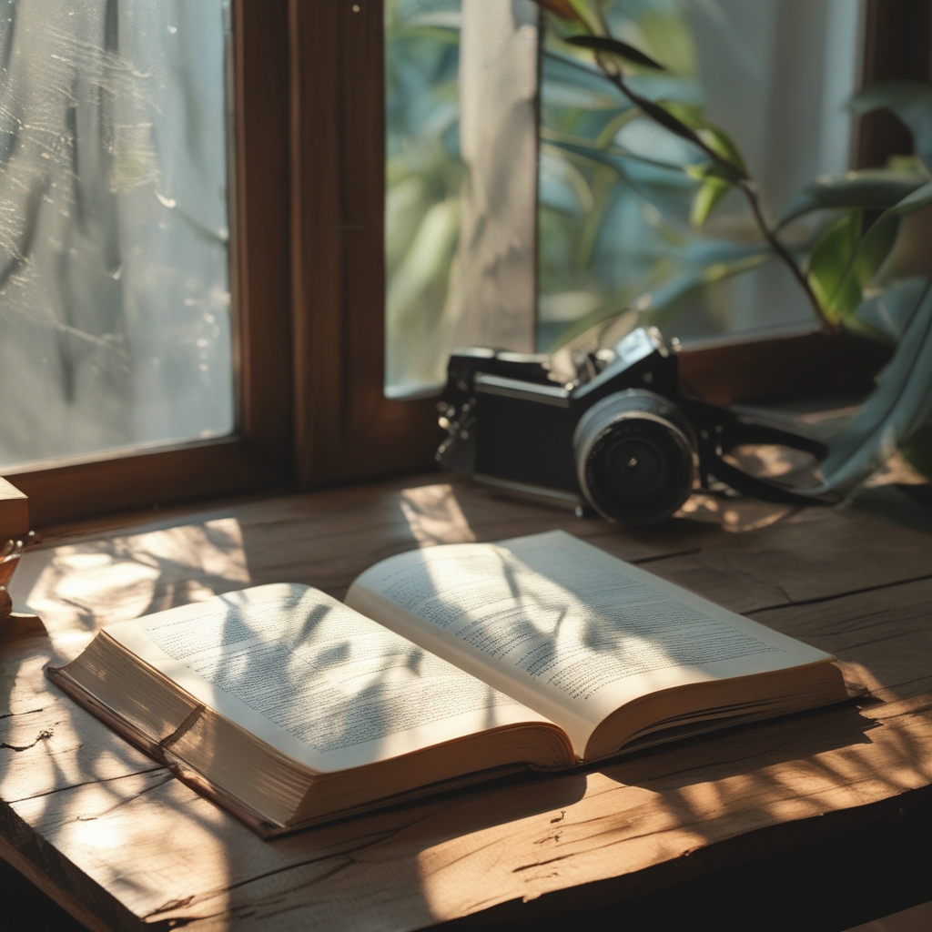 Dua buku terbuka di meja kayu dengan kacamata lensa bening di atasnya, sinar matahari masuk dari samping menciptakan bayangan panjang yang dramatis, suasana intelektual dan reflektif