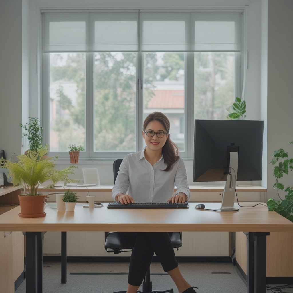 Ruang kerja kantor modern yang tertata rapi dengan pencahayaan alami dari jendela besar, meja kayu minimalis, monitor komputer, dan tanaman hijau kecil sebagai elemen dekoratif, suasana tenang dan produktif